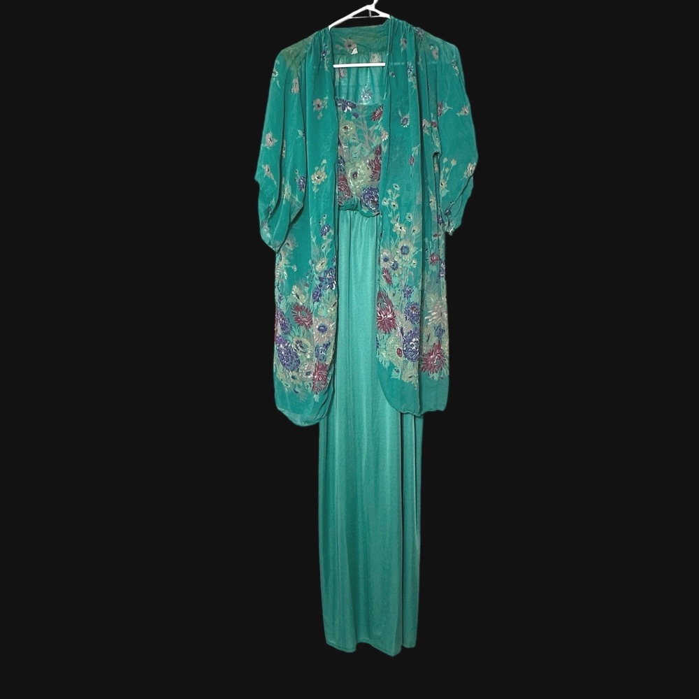 Vintage 70s Teal Floral Maxi Dress & Kimono Set ILGWU Made in USA Size 10